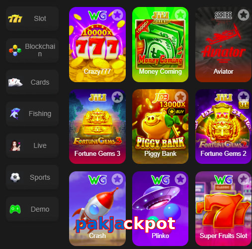 Main screen of Pakjackpot game page for PK players